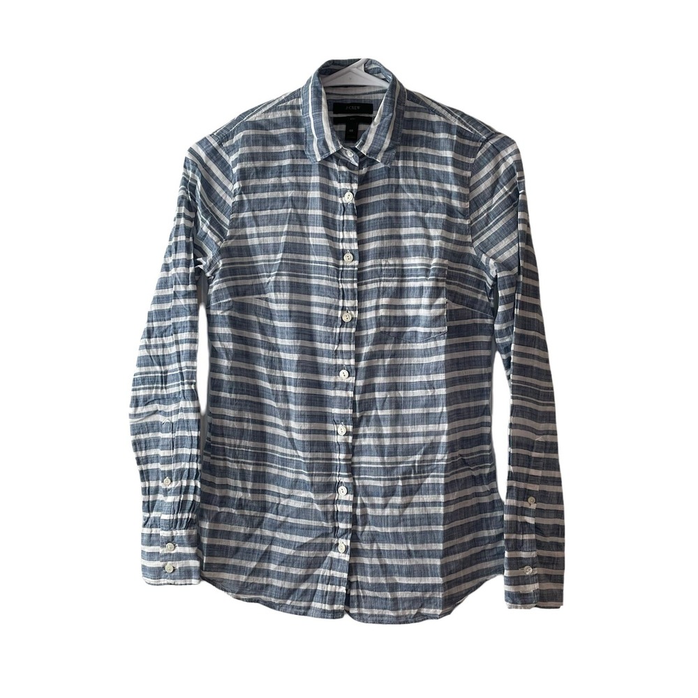 J. CREW Women's Boy Shirt Striped 100% Cotton Chambray Buttons Blue White Sz‎ 00